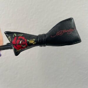 Ed Hardy Black Leather Headband with Bow (Shows Red Rose & Yellow Butterfly)